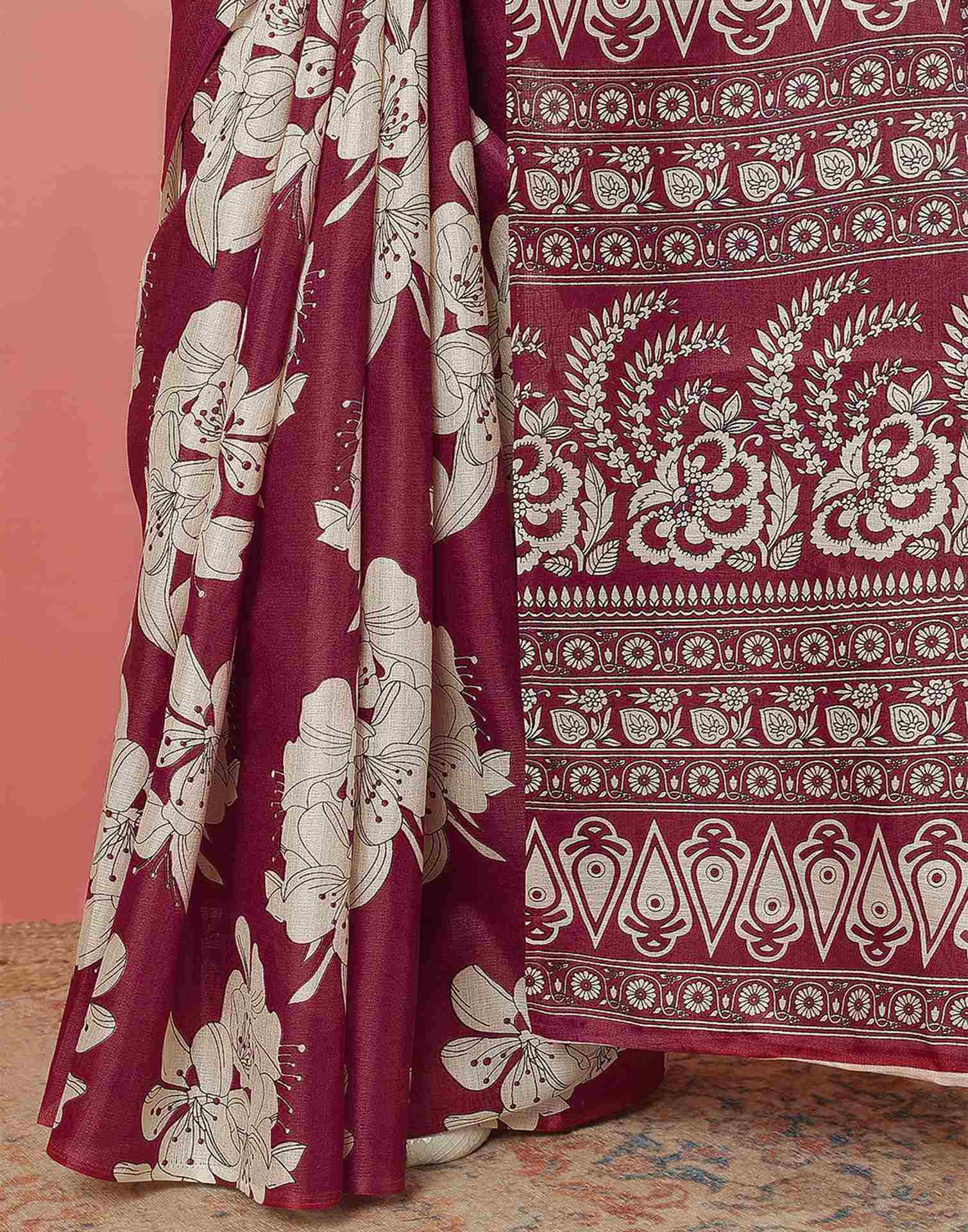 Maroon Cotton Blend Floral Printed Saree