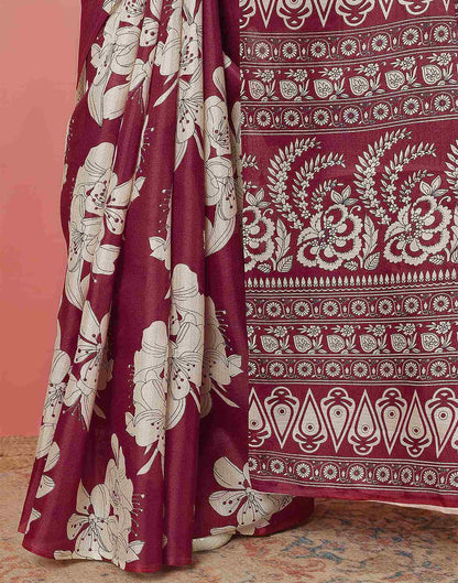 Maroon Cotton Blend Floral Printed Saree