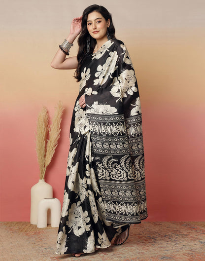 Black Cotton Blend Floral Printed Saree