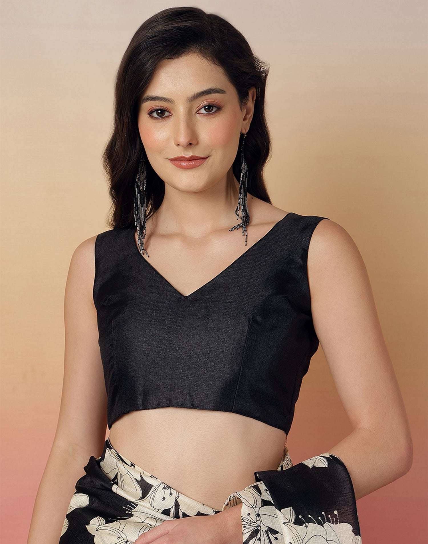 Black Cotton Blend Floral Printed Saree