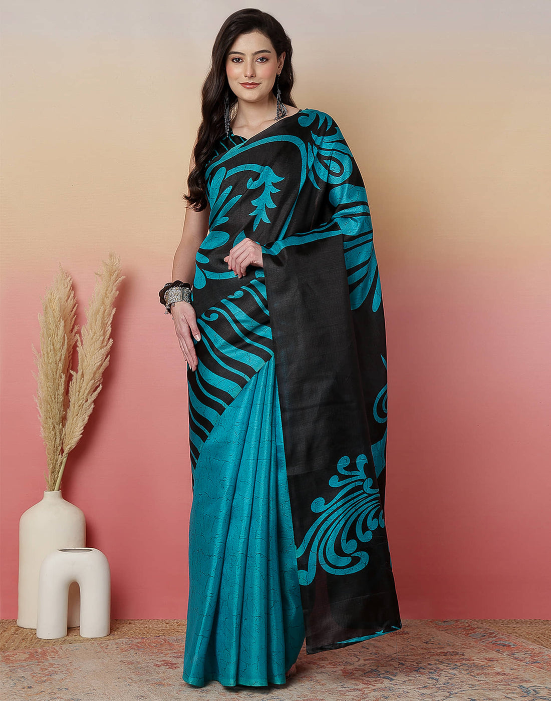 Black Cotton Blend Printed Saree