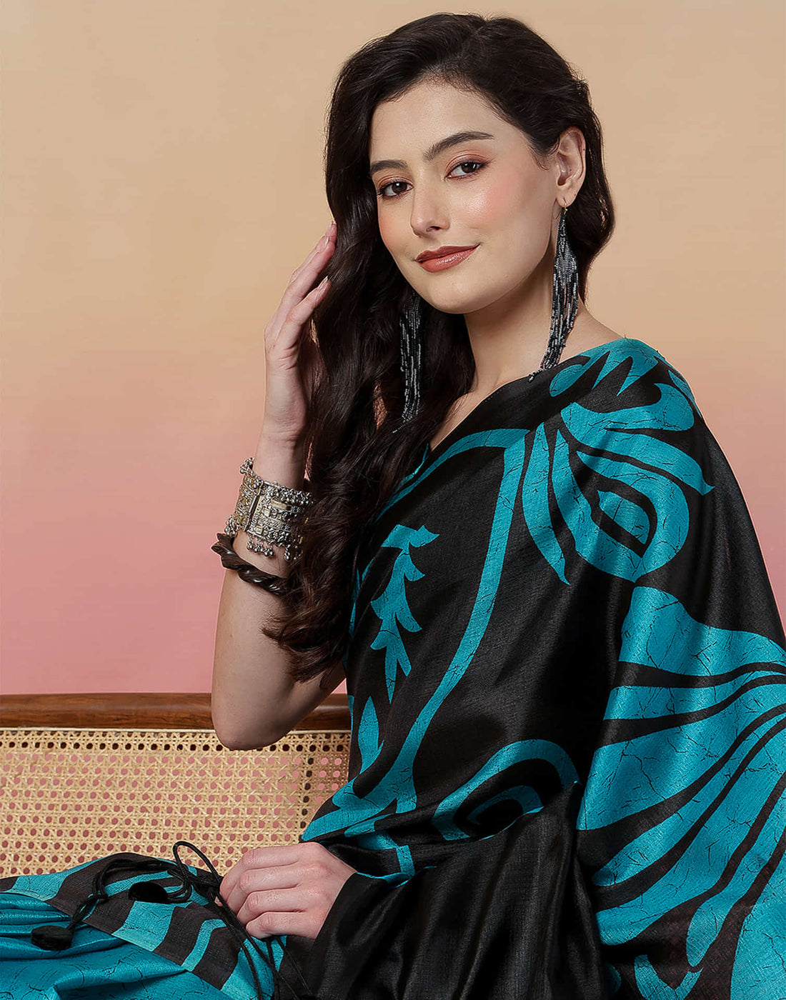 Black Cotton Blend Printed Saree
