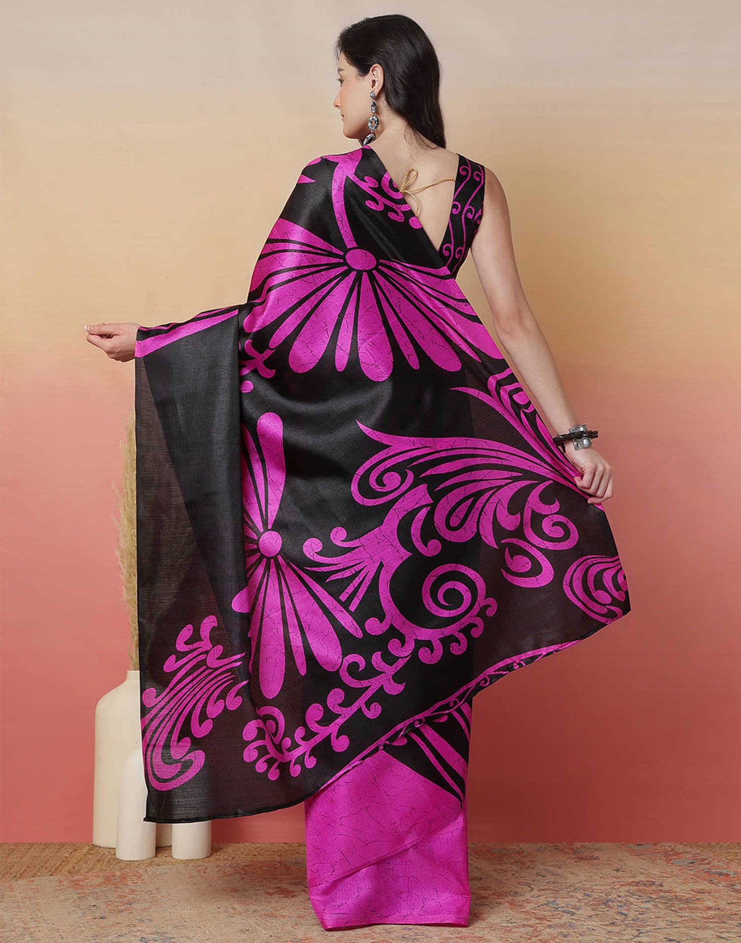 Black Cotton Blend Printed Saree