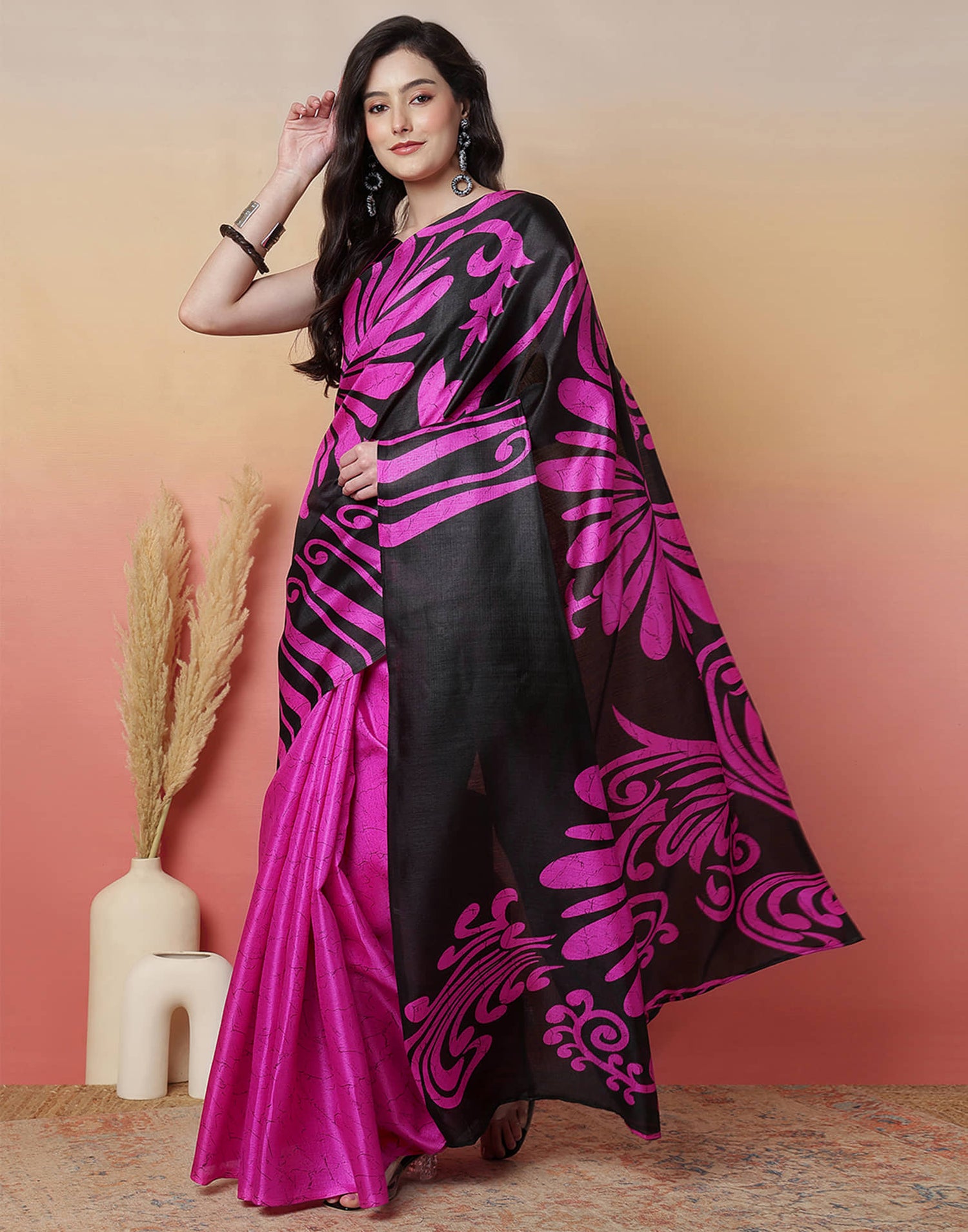 Black Cotton Blend Printed Saree