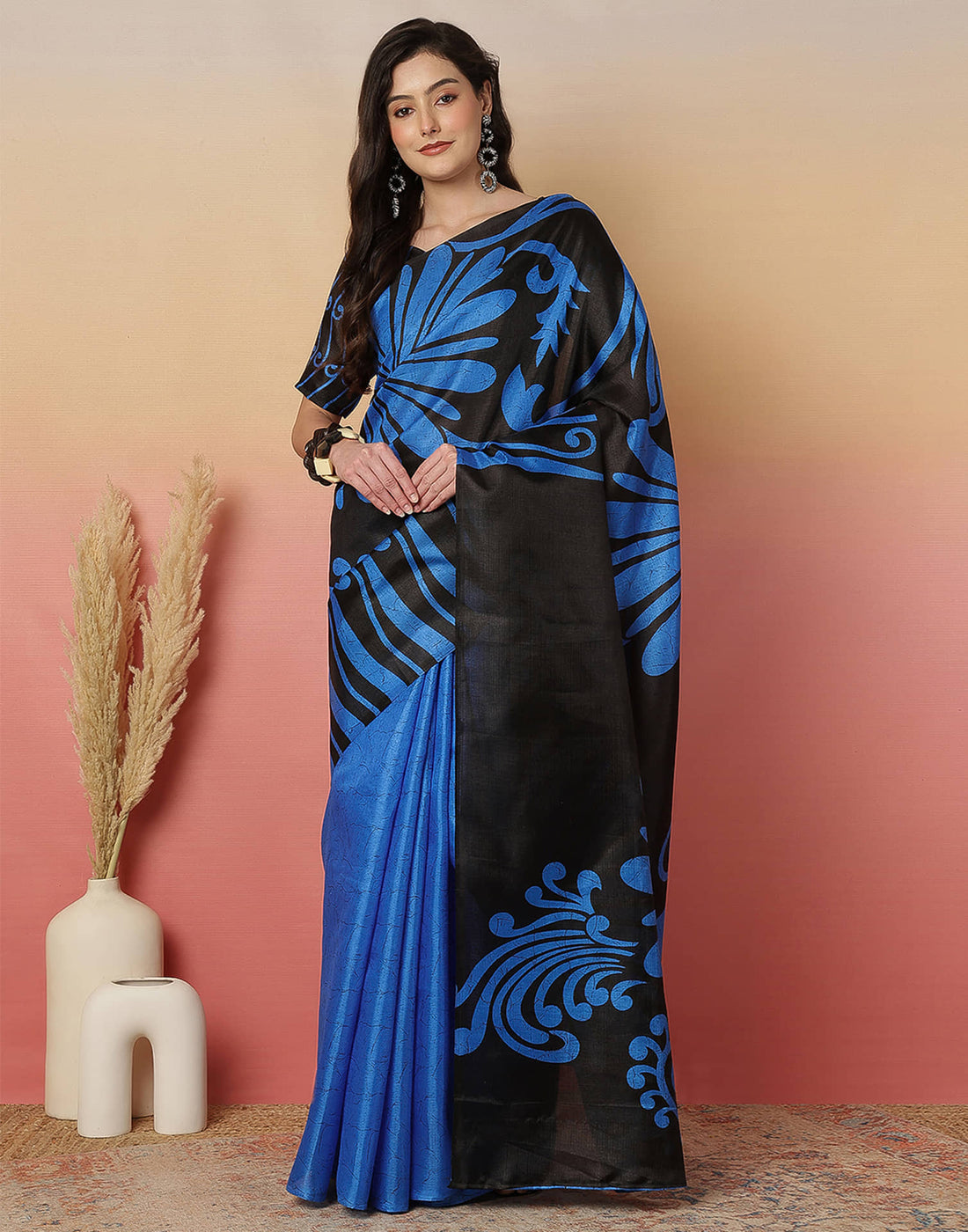 Black Cotton Blend Printed Saree