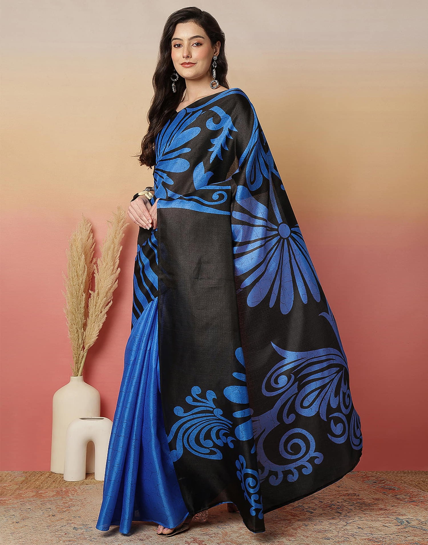 Black Cotton Blend Printed Saree