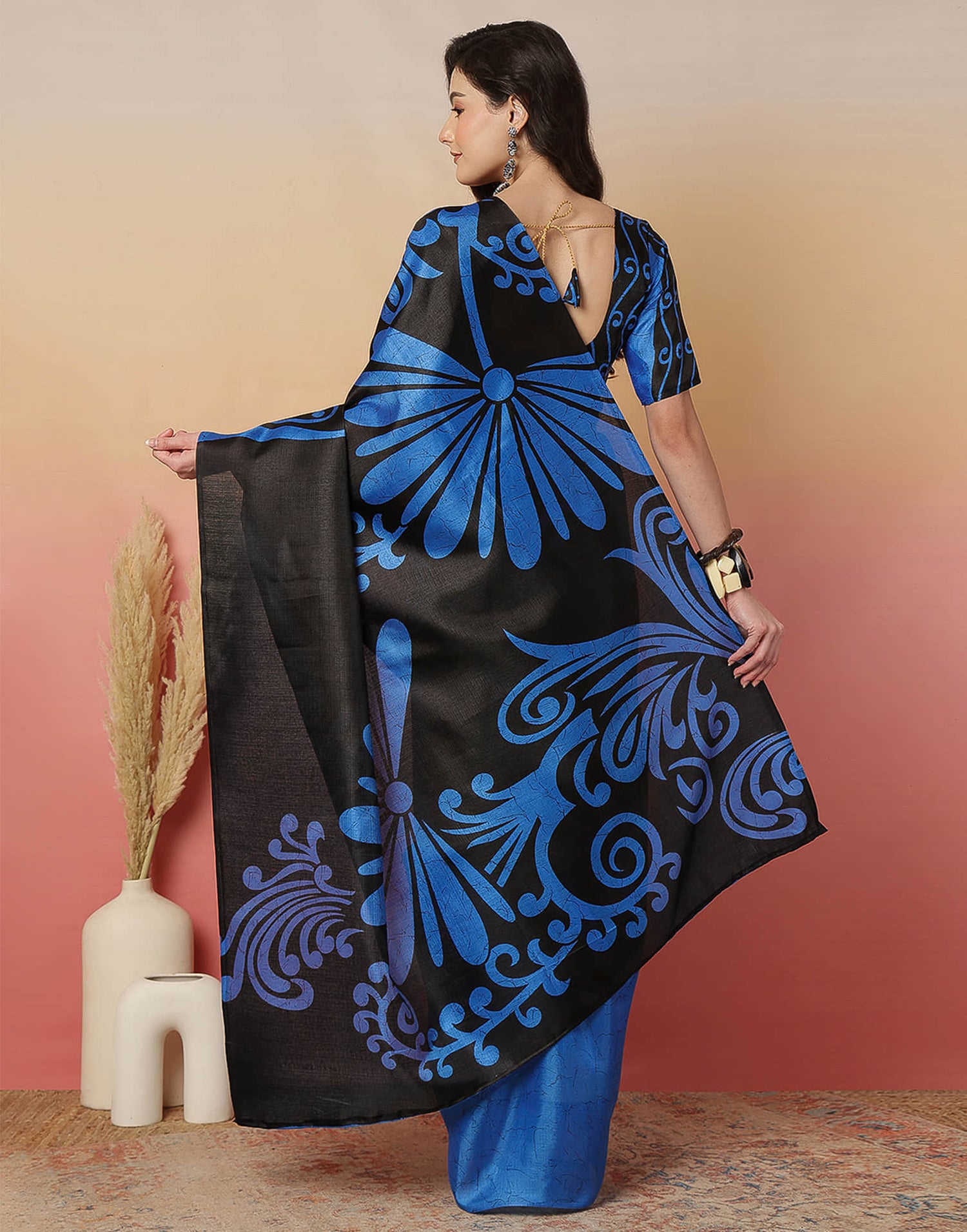 Black Cotton Blend Printed Saree