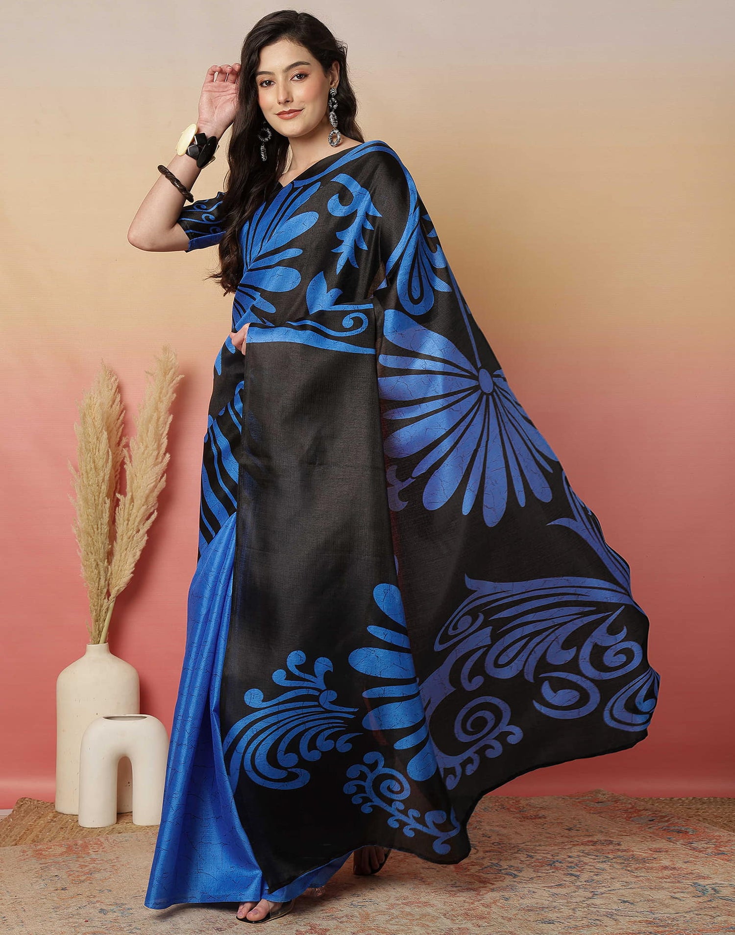 Black Cotton Blend Printed Saree