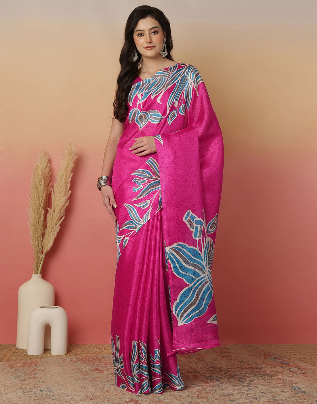 Rani Pink Cotton Blend Printed Saree