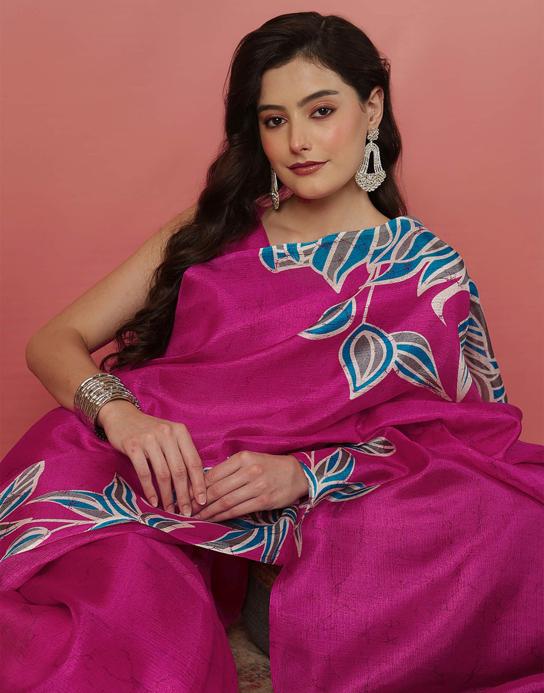 Rani Pink Cotton Blend Printed Saree