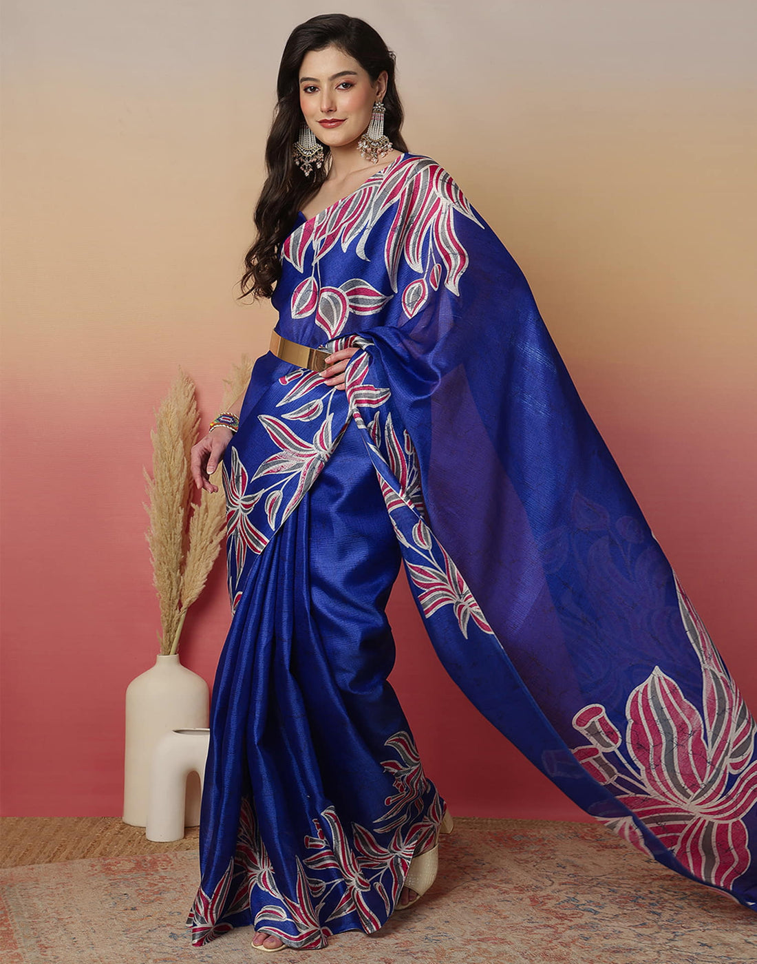 Blue Cotton Blend Printed Saree