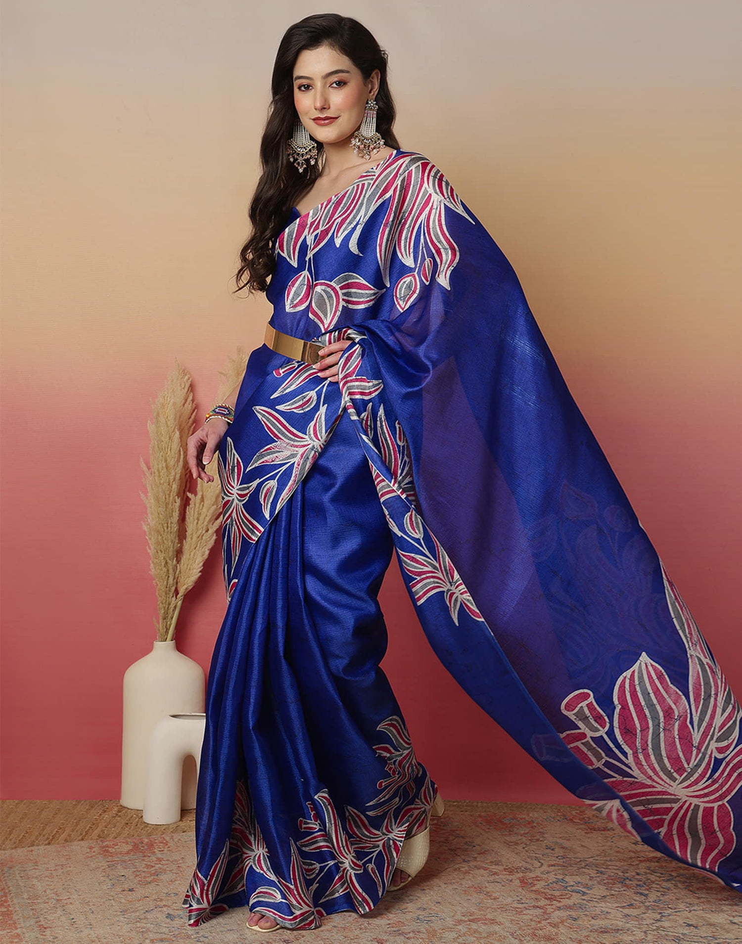 Blue Cotton Blend Printed Saree
