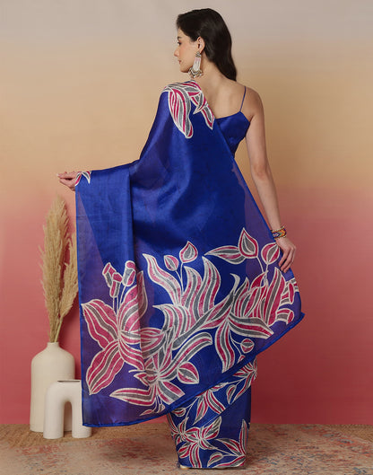 Blue Cotton Blend Printed Saree