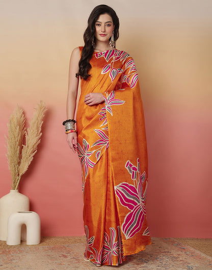 Mustard Yellow Cotton Blend Printed Saree