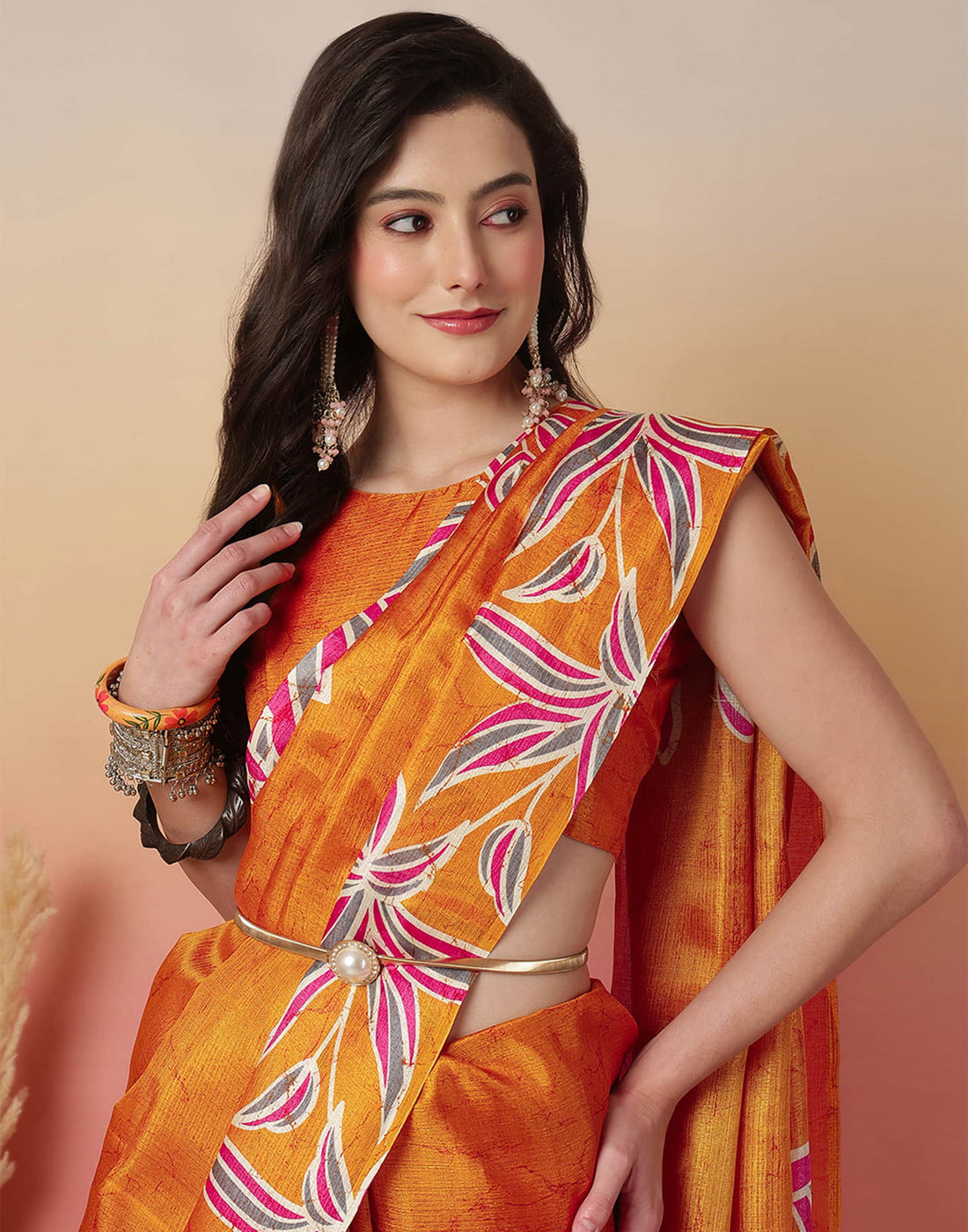 Mustard Yellow Cotton Blend Printed Saree