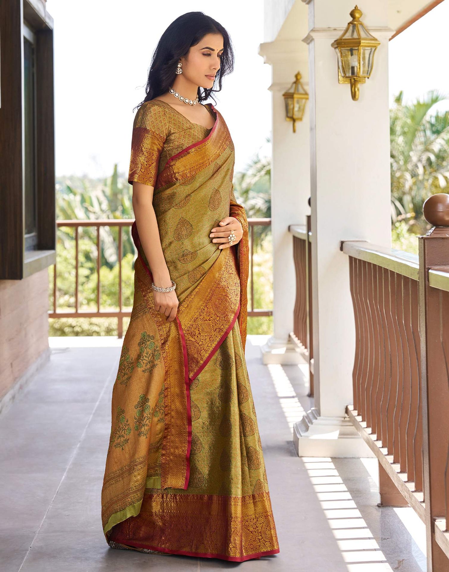 Olive Green Silk Woven Kanjivaram Saree