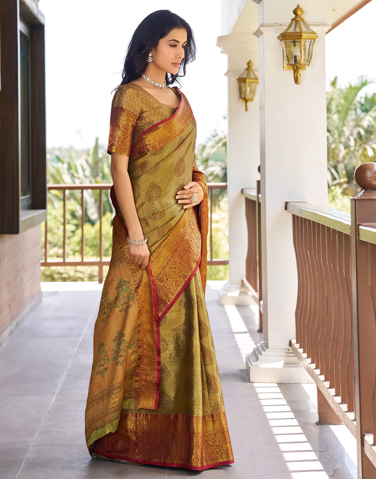 Olive Green Silk Woven Kanjivaram Saree