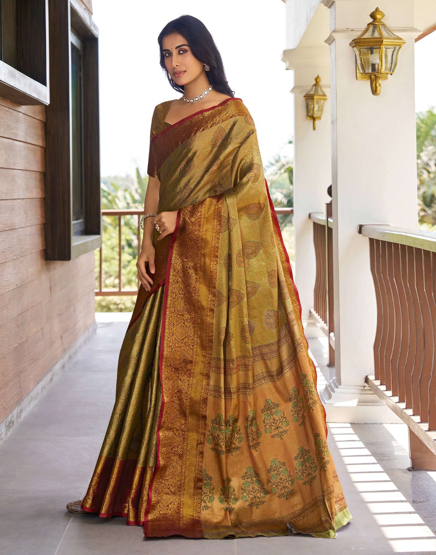Olive Green Silk Woven Kanjivaram Saree