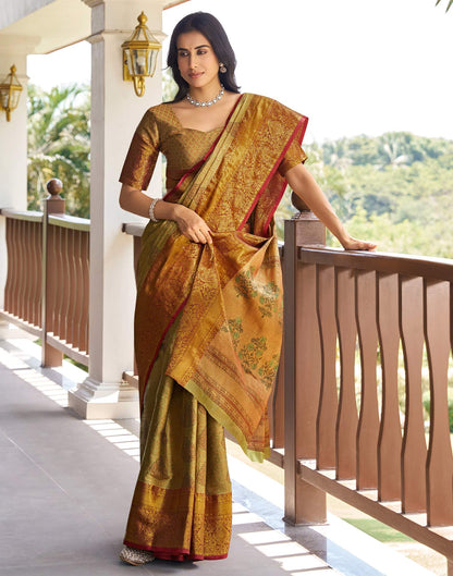 Olive Green Silk Woven Kanjivaram Saree
