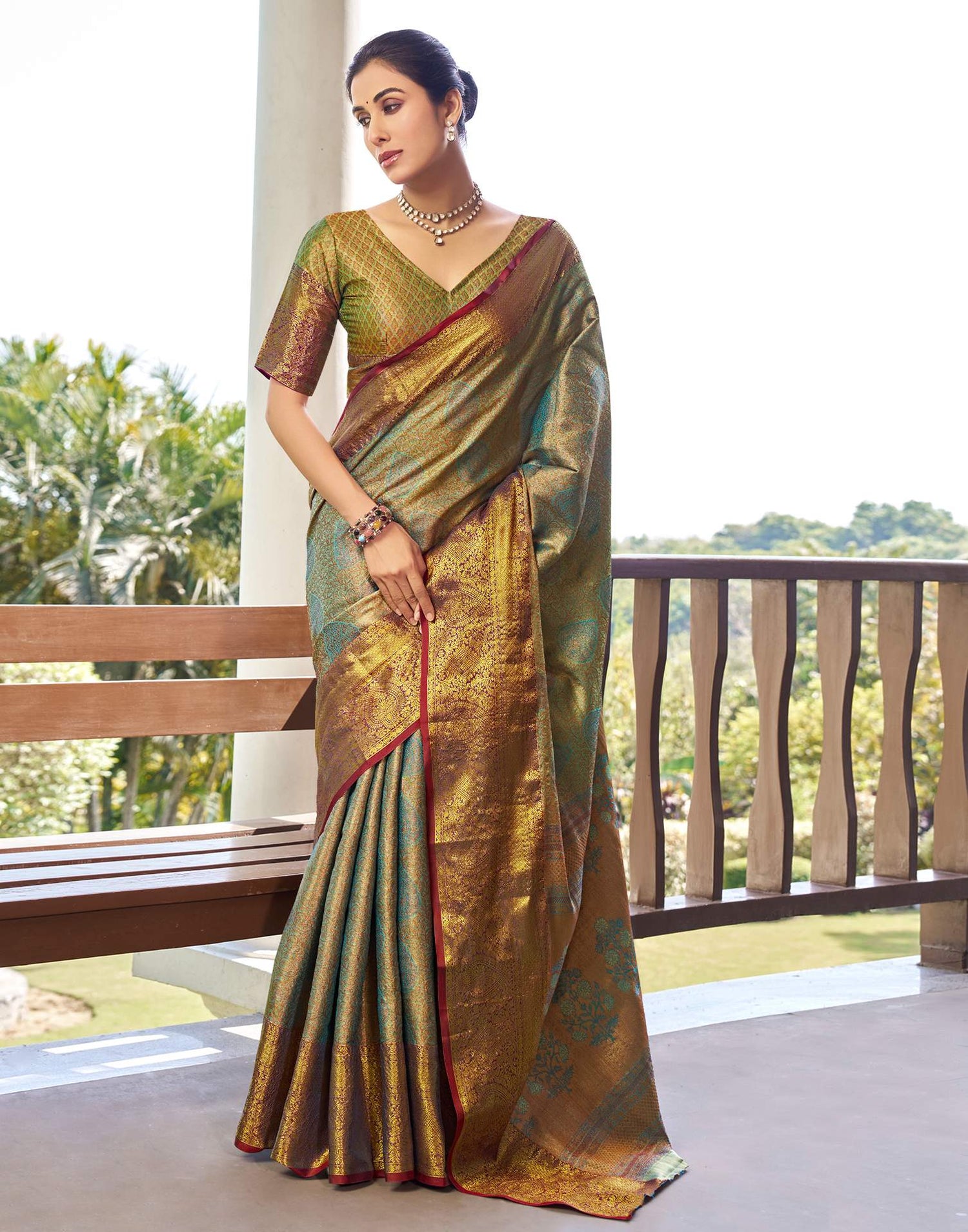 Teal Green Silk Woven Kanjivaram Saree