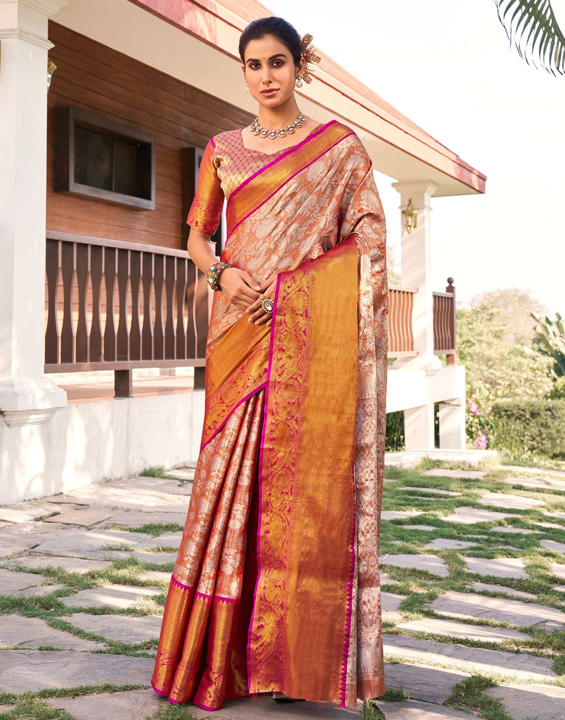 Orange Silk Woven Kanjivaram Saree