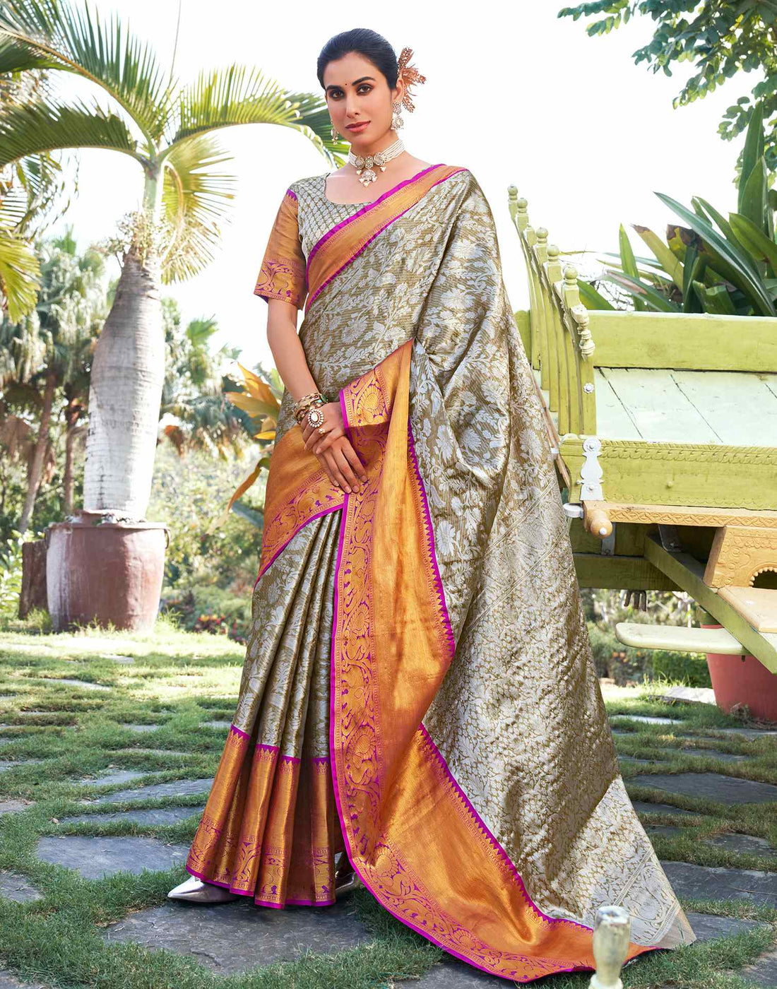 Sage Green Silk Woven Kanjivaram Saree