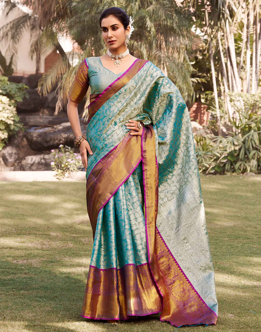 Sky Blue Silk Woven Kanjivaram Saree