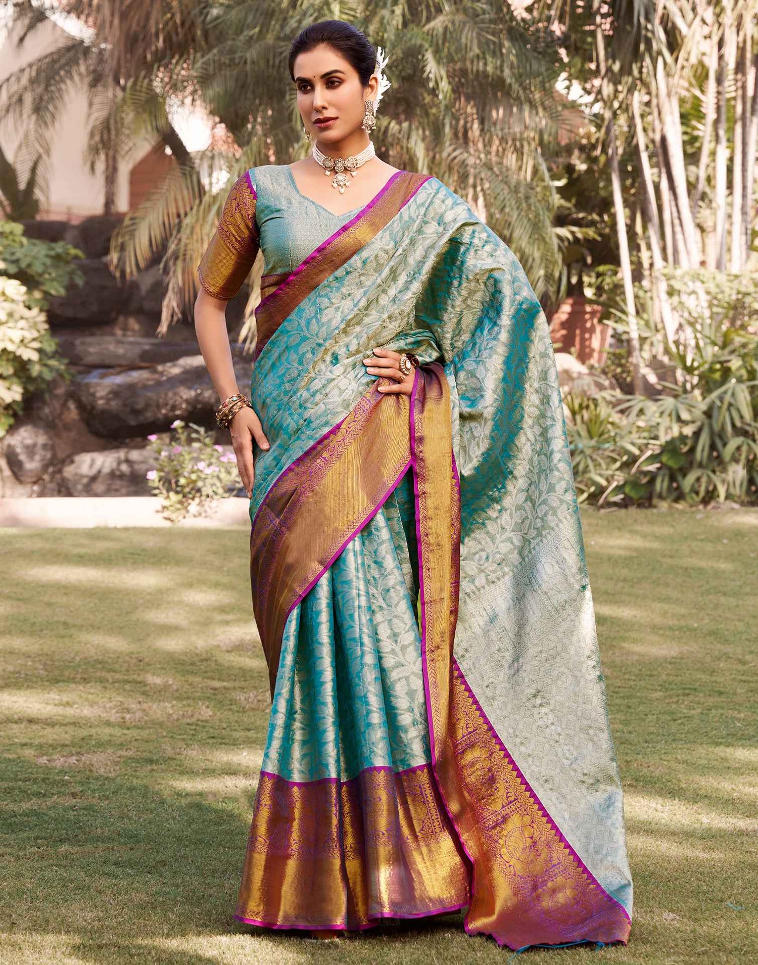 Sky Blue Silk Woven Kanjivaram Saree