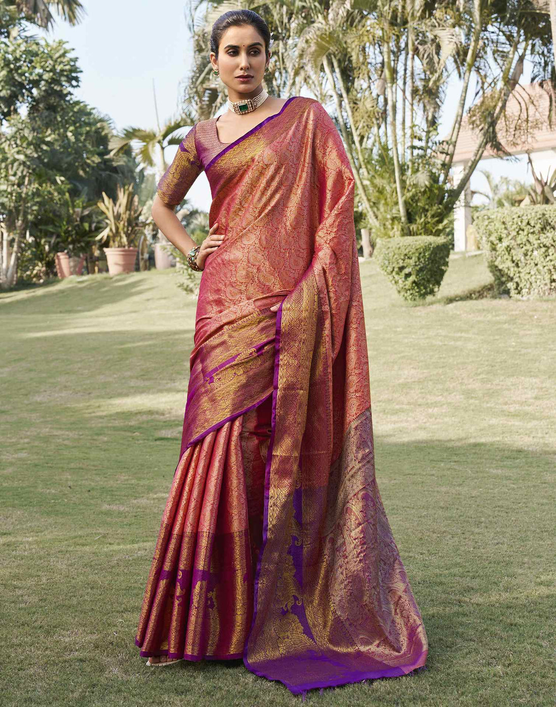 Punch Pink Silk Woven Kanjivaram Saree