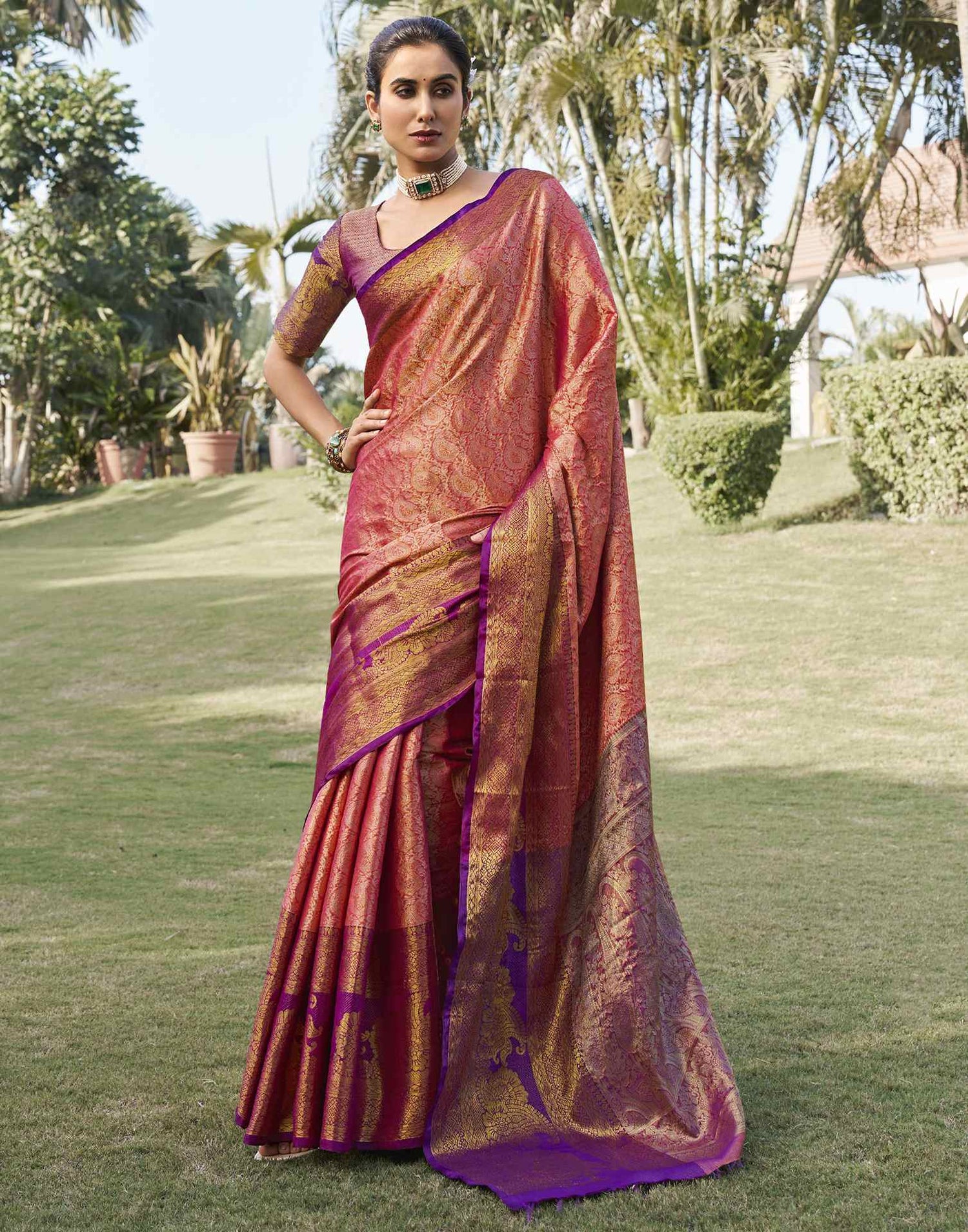 Punch Pink Silk Woven Kanjivaram Saree