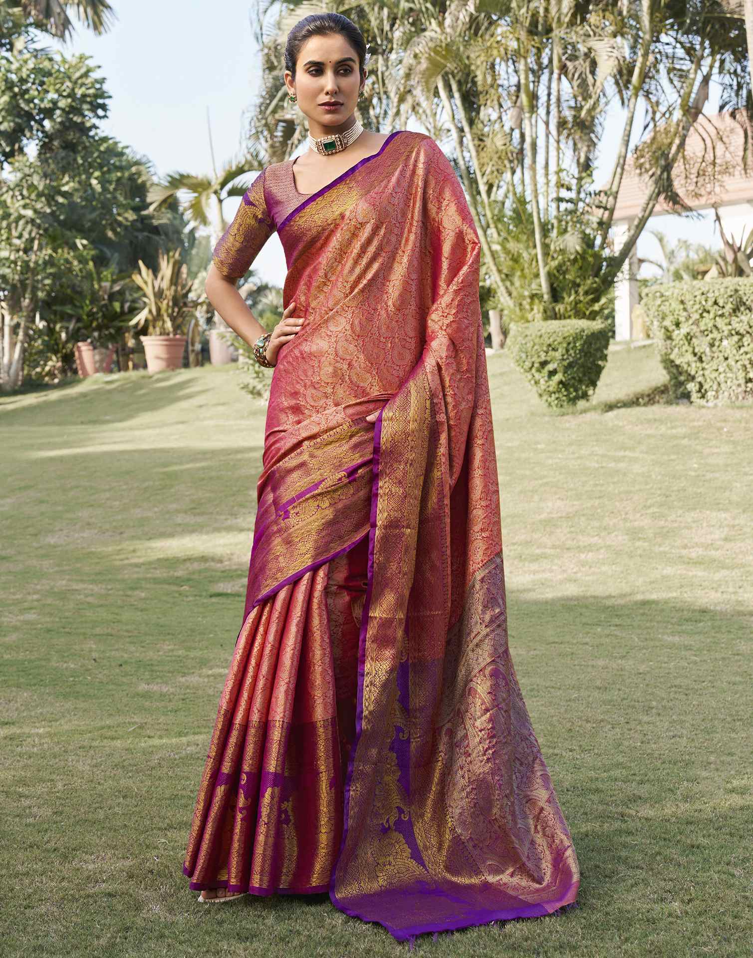 Punch Pink Silk Woven Kanjivaram Saree
