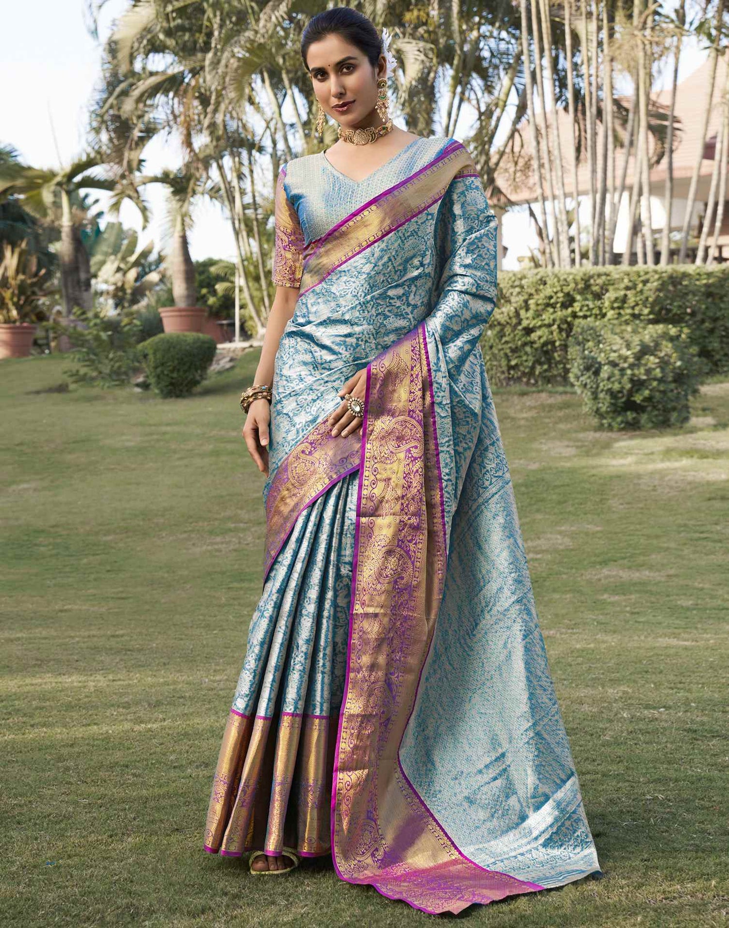 Sky Blue Silk Woven Kanjivaram Saree