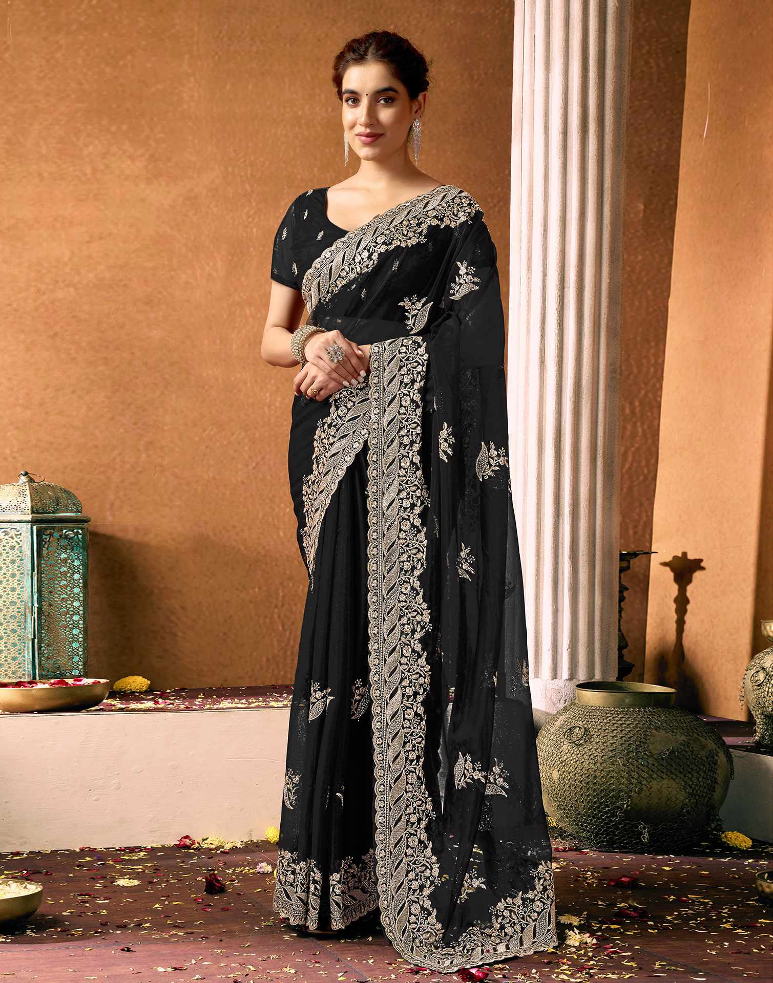 Black Net Embroidery Lace Saree