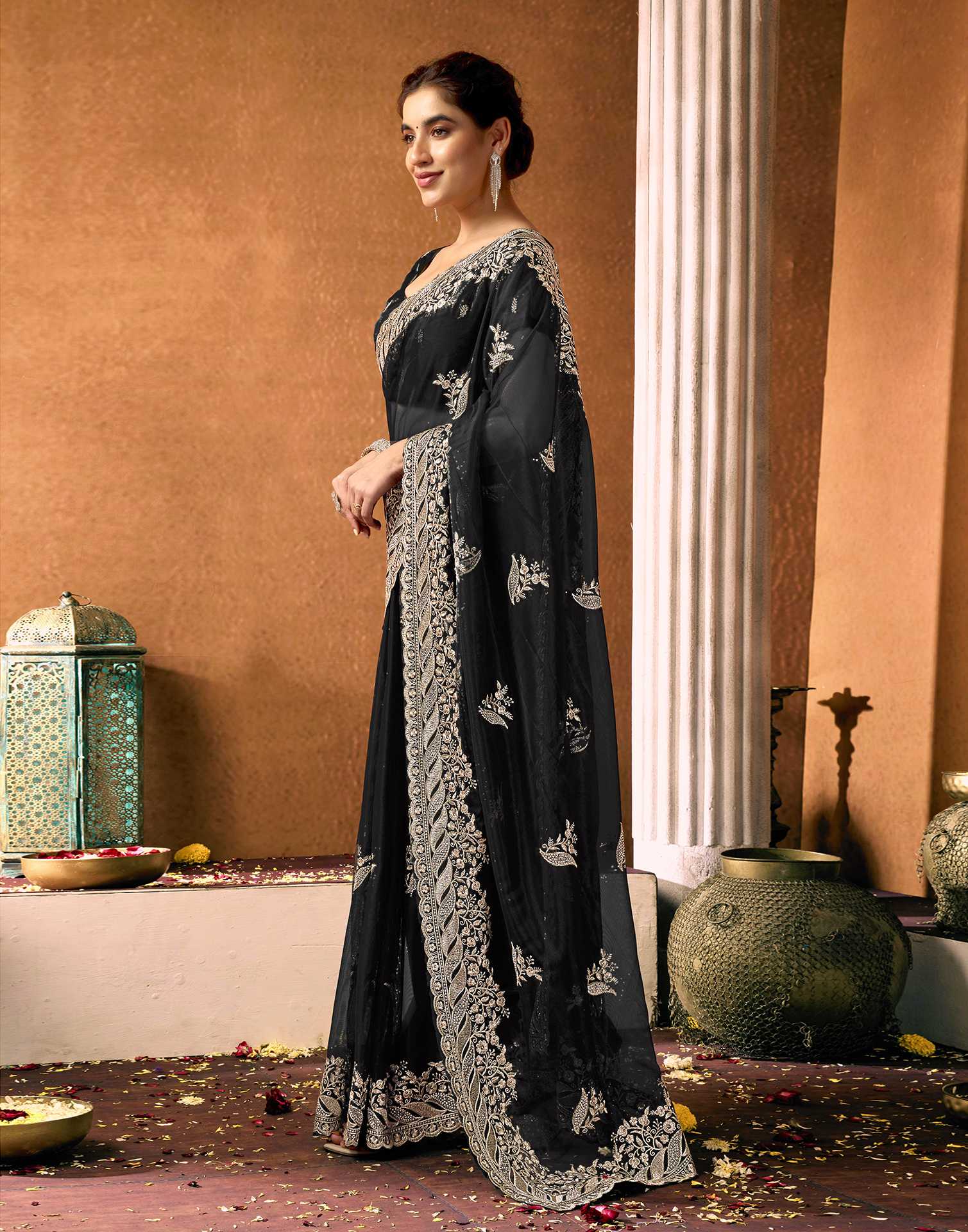 Black Net Embroidery Lace Saree