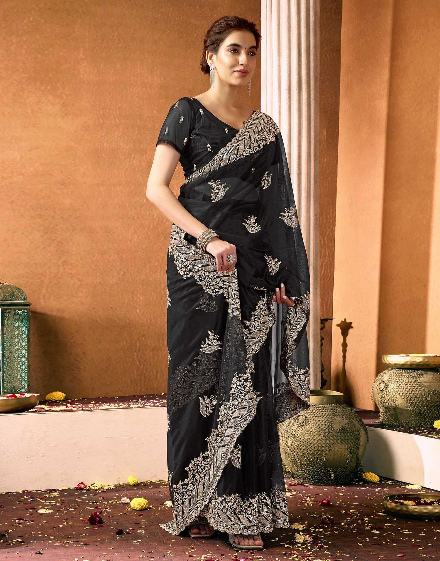 Black Net Embroidery Lace Saree