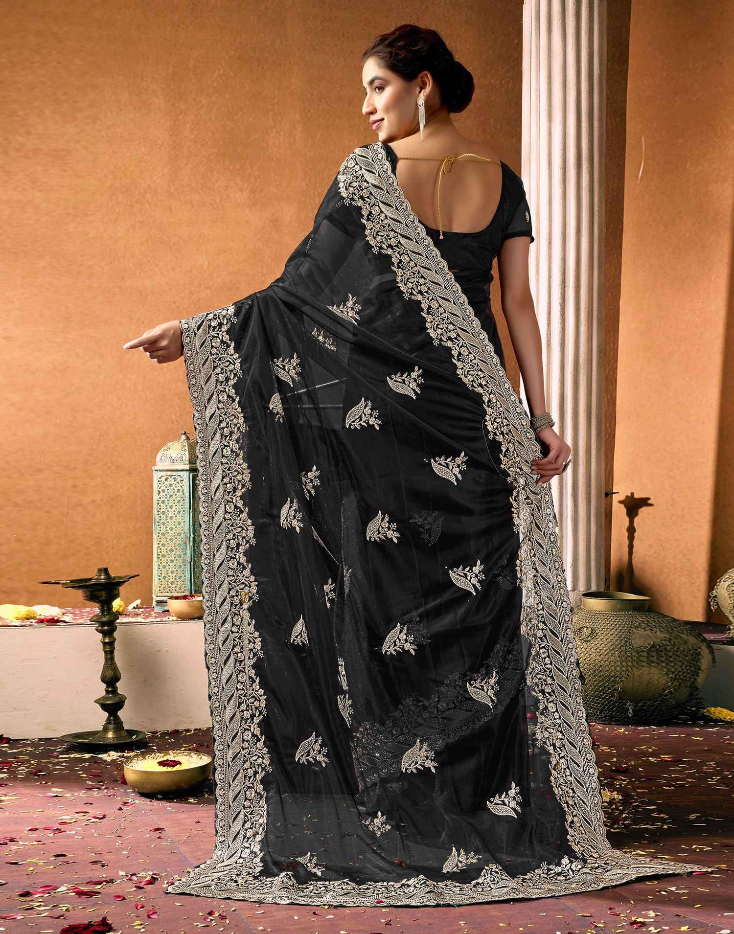 Black Net Embroidery Lace Saree