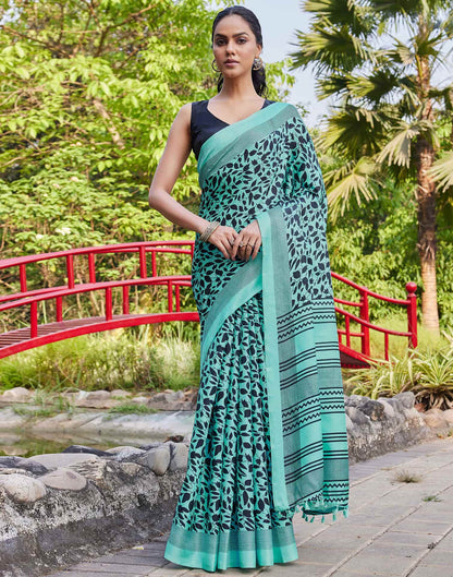 Turquoise Cotton Blend Printed Saree
