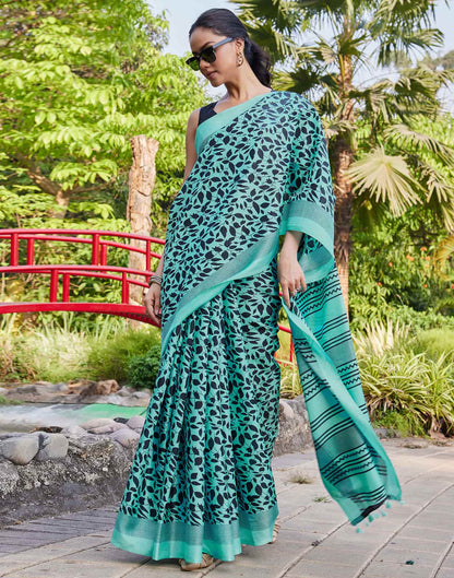Turquoise Cotton Blend Printed Saree
