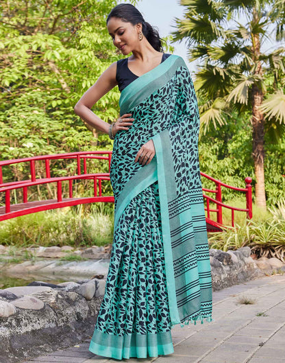 Turquoise Cotton Blend Printed Saree