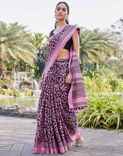 Pink Cotton Blend Printed Saree