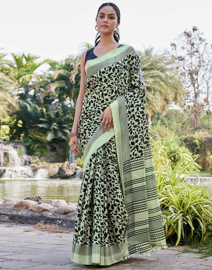 Pista Green Cotton Blend Printed Saree