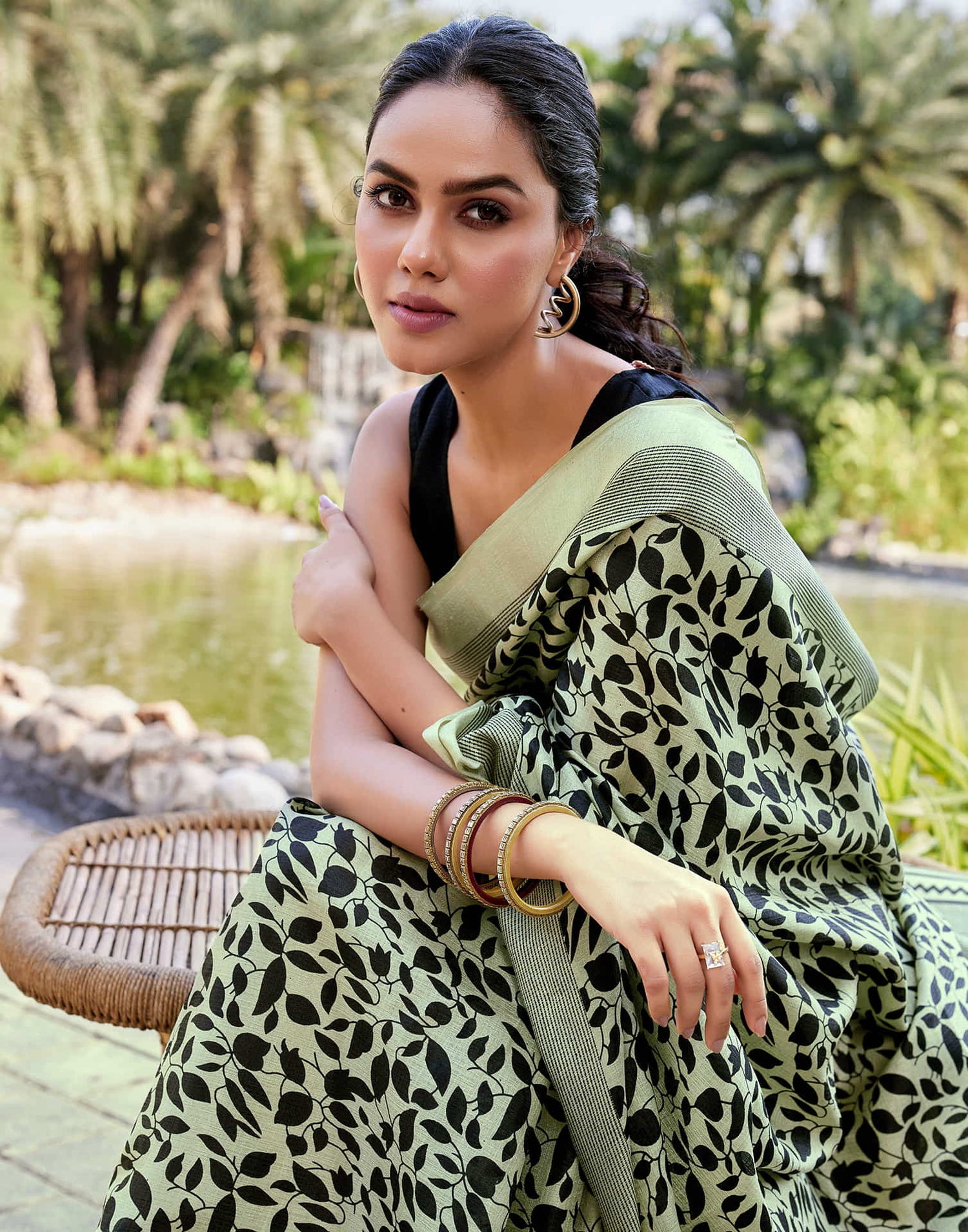 Pista Green Cotton Blend Printed Saree