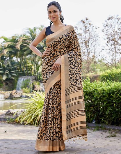 Dark Beige Cotton Blend Printed Saree