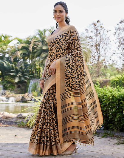 Dark Beige Cotton Blend Printed Saree