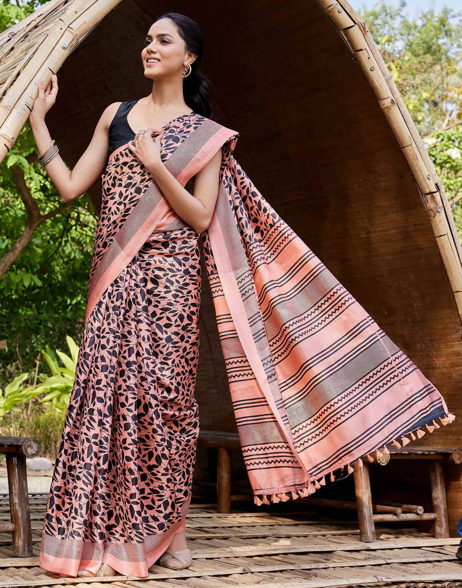 Peach Cotton Blend Printed Saree