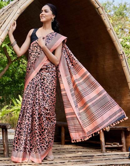 Peach Cotton Blend Printed Saree