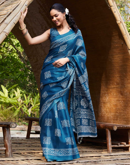 Dark Blue Cotton Blend Printed Saree