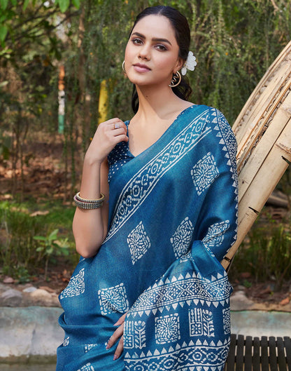 Dark Blue Cotton Blend Printed Saree