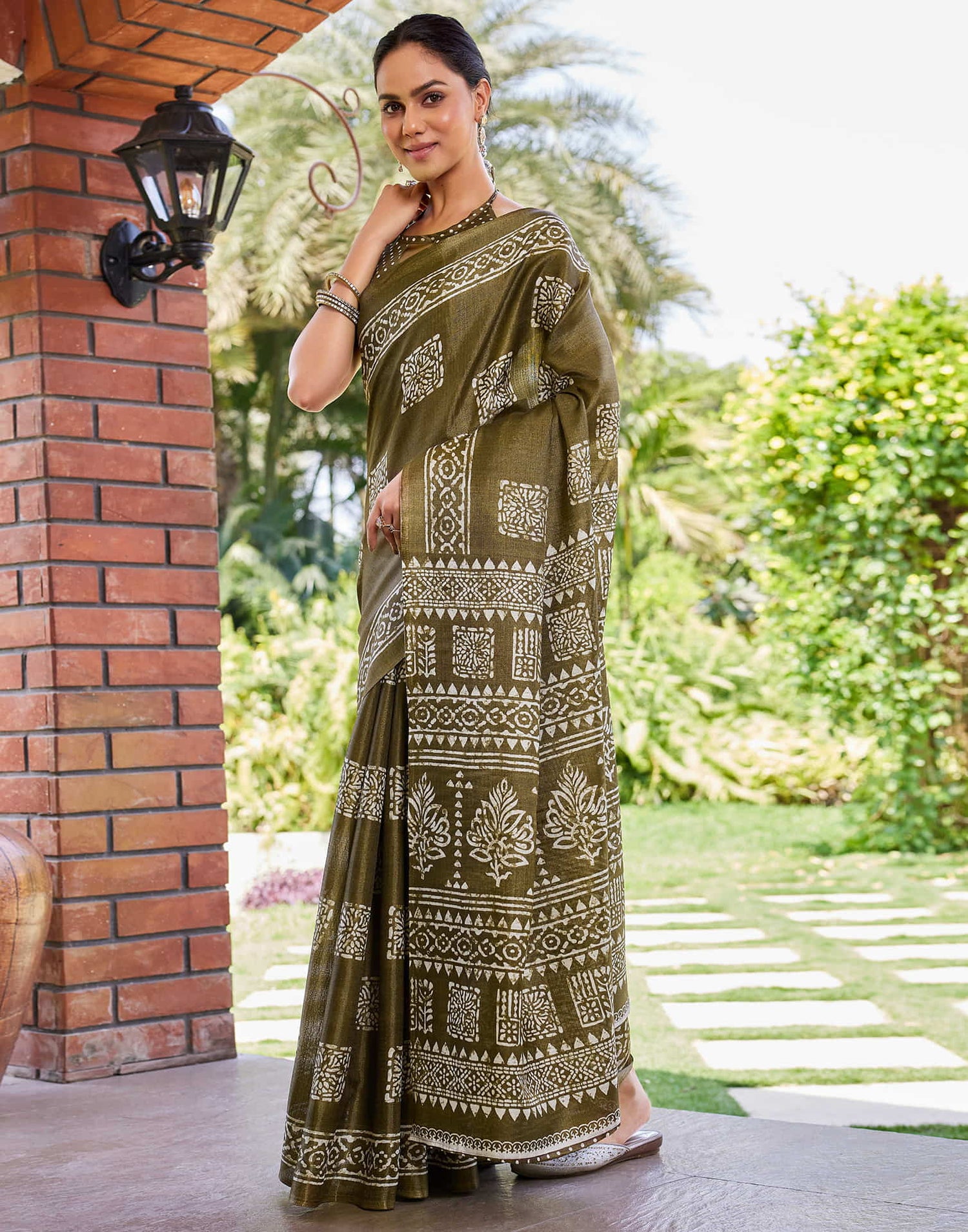 Sage Green Cotton Blend Printed Saree