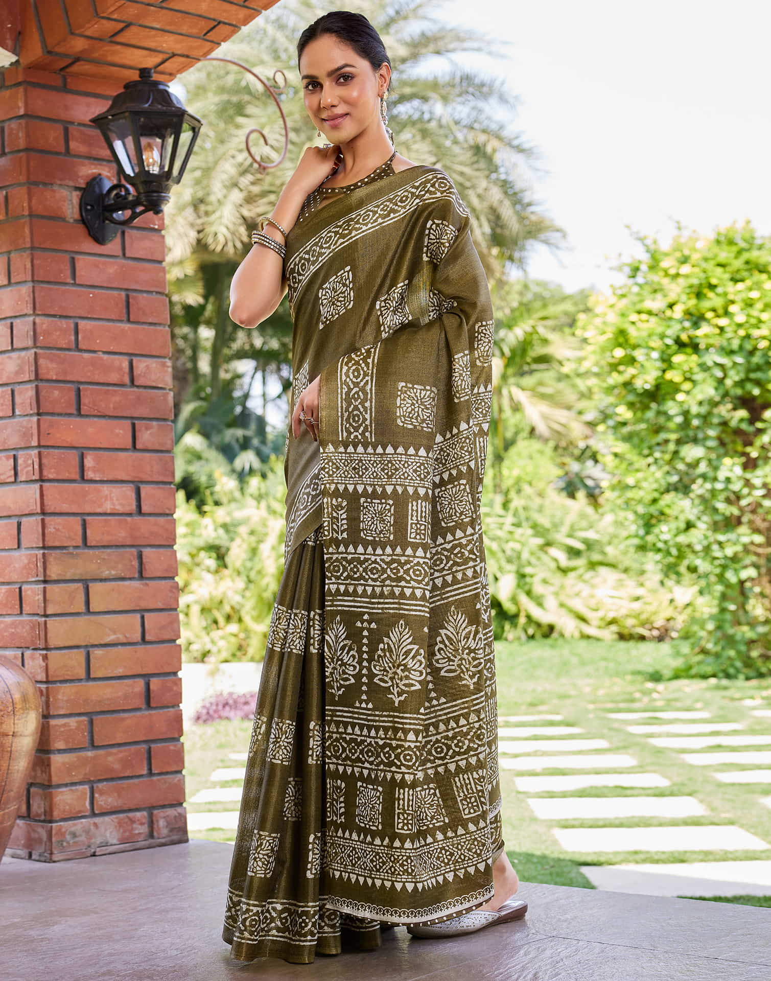 Sage Green Cotton Blend Printed Saree